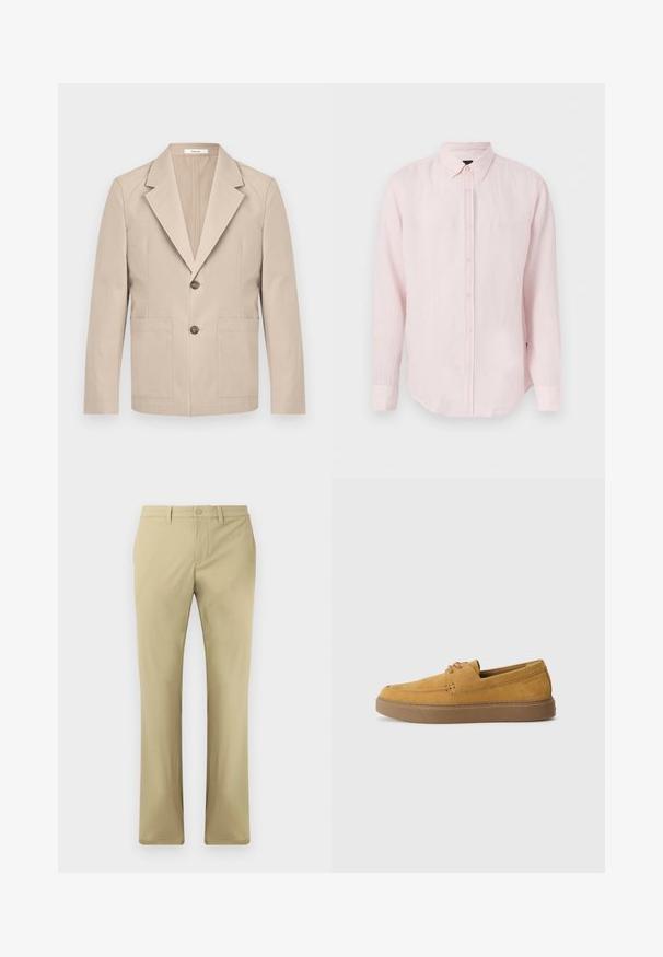 Blazer beige en coton, avec revers cranté, deux poches avant et une fermeture à un bouton. Tissu lisse et structuré.; Chemise longue à manches longues rose clair avec col pointu, patte de boutonnage à l'avant et texture subtile du tissu sur fond uni.; Pantalons beiges avec une coupe à l'avant plate, fermeture à bouton et jambe droite. Fabriqués en tissu lisse avec des coutures minimales visibles.; Chaussures slip-on en suède marron avec une finition texturée, un bout rond et une semelle en caoutchouc contrastante. Présente une marque discrète près du talon.