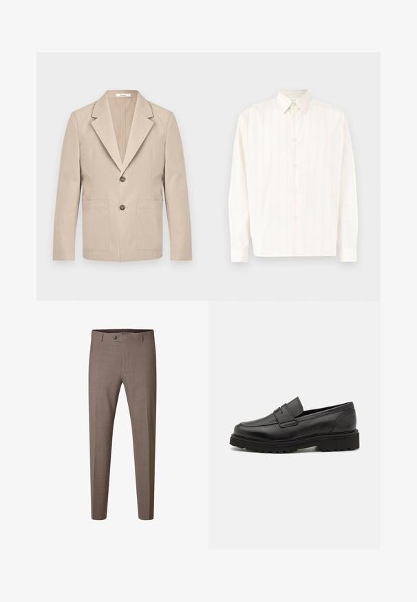 Beige blazer gemaakt van katoen, met een gesneden revers, twee frontzakken en één knoopsluiting. Glad, gestructureerd materiaal.; Witte langwerpige overhemd met lange mouwen en subtiele verticale strepen, met een puntige kraag, vlak gelegd tegen een lichte achtergrond.; Bruine slim-fit formele broek met knoop en riemlussen, afgebeeld tegen een witte achtergrond.; Zwarte leren loafers met een ronde neus, gestikte details en een dikke, gestructureerde zool. Heeft een strak, minimalistisch ontwerp.