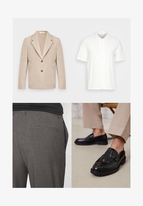 Blazer beige de algodón, con solapas en picos, dos bolsillos frontales y cierre de un solo botón. Tela suave y estructurada.; Camisa blanca de manga corta con un patrón texturizado, cuello puntiagudo y cierre de botones en el frente. Fabricada con un tejido ligero.; Pantalones grises ajustados con una textura suave, que cuentan con un bolsillo trasero y un diseño slim fit. La tela tiene un patrón sutil.; Mocasines de cuero negro con un acabado suave, que cuentan con una correa decorativa y costuras en contraste, combinados con pantalones beiges.