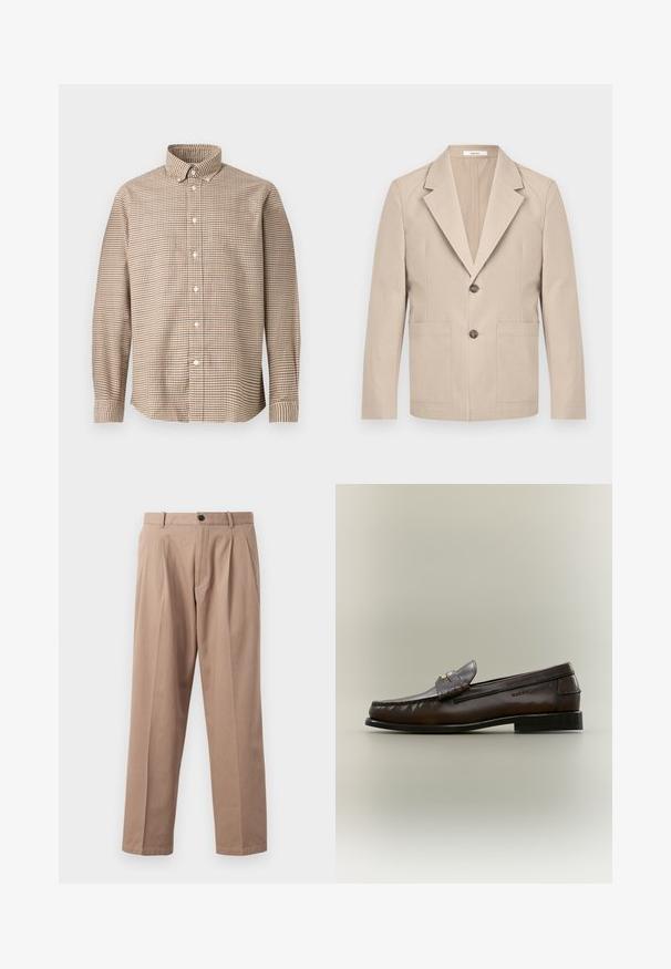 Beige blazer gemaakt van katoen, met een gesneden revers, twee frontzakken en één knoopsluiting. Glad, gestructureerd materiaal.; Beige en bruine geruite lange mouwen knoopshirt met een knoop- naar beneden kraag, weergegeven op een effen achtergrond, vooraanzicht.; Beige broek van katoen, met een rechte pijp, voorplooien, een knoopsluiting en zijzakken. Soepele textuur.; Donkerbruine leren loafer met een lage zwarte hak, moccasinnaad en een decoratieve band over de bovenkant.