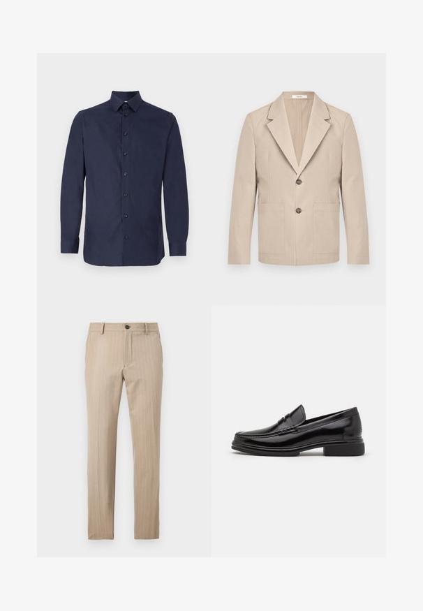 Blazer beige en coton, avec revers cranté, deux poches avant et une fermeture à un bouton. Tissu lisse et structuré.; Chemise de couleur bleu marine, boutonnée, en tissu lisse, avec un col classique, des manches longues et sept boutons noirs le long du devant.; Pantalon beige à fines rayures, coupe slim, avec ceinture, passants pour ceinture, fermeture par bouton et poches latérales sur fond blanc.; Mocassins en cuir noir avec un embout arrondi, présentant un détail cousu sur le dessus, et un petit talon carré. Texture lisse et finition brillante.