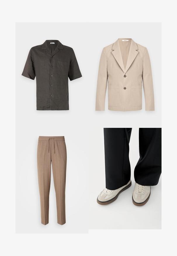 Blazer beige de algodón, con solapas en picos, dos bolsillos frontales y cierre de un solo botón. Tela suave y estructurada.; Camisa de manga corta, con cuello, en lino gris oscuro, que presenta un bolsillo en el pecho y cierre de botones al frente. Textura suave, corte relajado.; Pantalones de tela tejida marrón con corte relajado, cintura con cordón y pliegues frontales. Piernas rectas y sin bolsillos visibles ni herrajes.; Pies con zapatillas beige con suelas marrones y pantalones negros de pierna ancha sobre un fondo blanco.