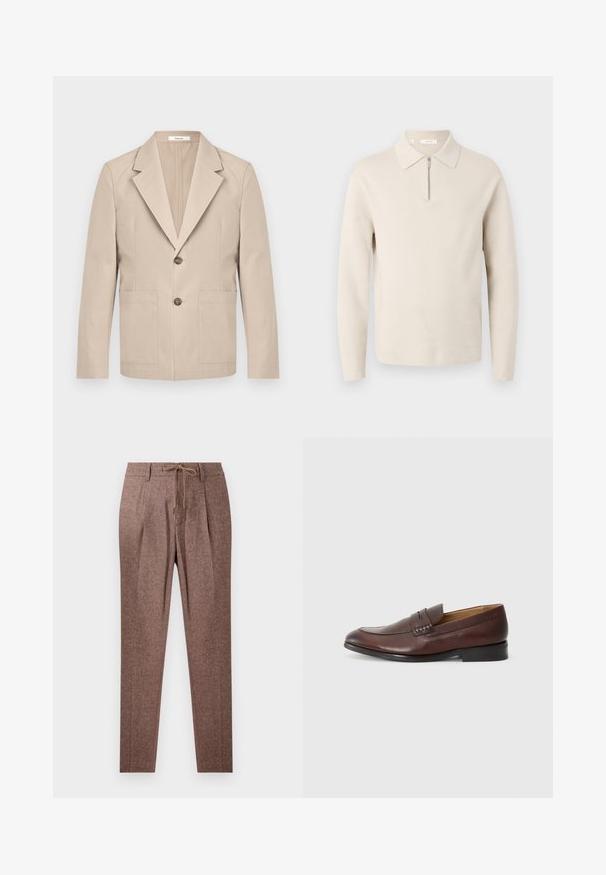 Beige blazer lavet af bomuld, med en nedskåret revers, to frontlommer og en enkelt knaplukning. Glat, struktureret stof.; Beige langærmet sweater med krave og en kort lynlås foran, vist på hvid baggrund.; Brune, strukturerede bukser med et hørmønster, der har en snøre i taljen og to frontfolder. Lige ben-design.; JOOP! KLEITOS - Loafers - brown