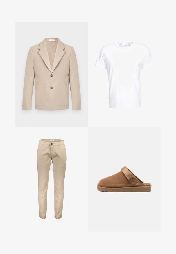 Beige blazer gemaakt van katoen, met een gesneden revers, twee frontzakken en één knoopsluiting. Glad, gestructureerd materiaal.; Witte katoenen t-shirt met een ronde hals en korte mouwen, in een klassiek model met een gladde textuur. Geen patronen of hardware zichtbaar.; Beige katoenen broek met een rechte pijp, voorzien van voorzakken, een ritssluiting en een enkele knoopsluiting. Gladde textuur, zonder patronen.; Suède instappers in tan met een ronde neus en een achterstrap. Rubberen zool met een gestructureerd loopvlak voor grip.