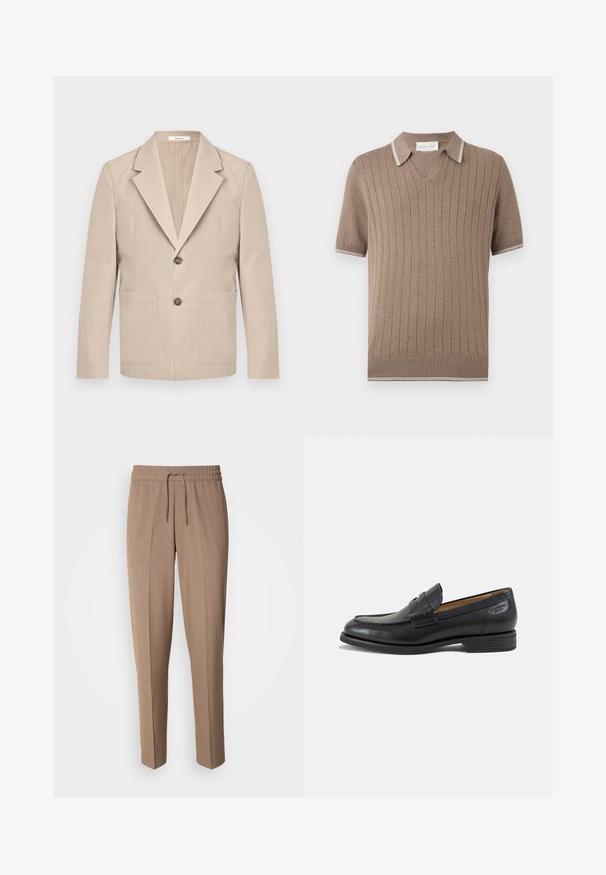 Beige blazer lavet af bomuld, med en nedskåret revers, to frontlommer og en enkelt knaplukning. Glat, struktureret stof.; Brun kortærmet strikket polo skjorte med vertikale ribber, hvide striber på krave og ærmekant og V-hals krave.; Brune, vævede bukser med en afslappet pasform, snøre i taljen og frontfald. Lige ben og ingen synlige lommer eller metaldele.; Sort læder herresko med syninger, lav stakket hæl og en smal rem over overdelen, vist fra siden på en hvid baggrund.