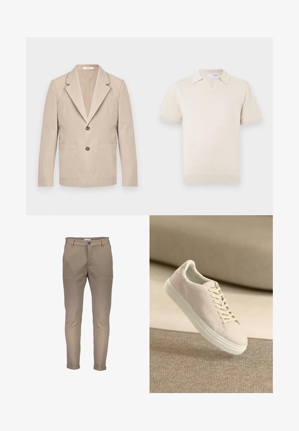 Beige blazer lavet af bomuld, med en nedskåret revers, to frontlommer og en enkelt knaplukning. Glat, struktureret stof.; Kremfarvet kortærmet strikket polo med V-hals og krave. Har ribstrikkede manchetter og kant samt en glat tekstur.; Beige bomuldsblanding bukser med en tætsiddende pasform, der har knaplukning, bæltestropper og opviklede manchetter. Glat tekstur med rene syninger.; Beige ruskinds sneakers med hvid sål og snørebånd, vist svævende over tekstureret beige tæppe mod en blød beige baggrund.
