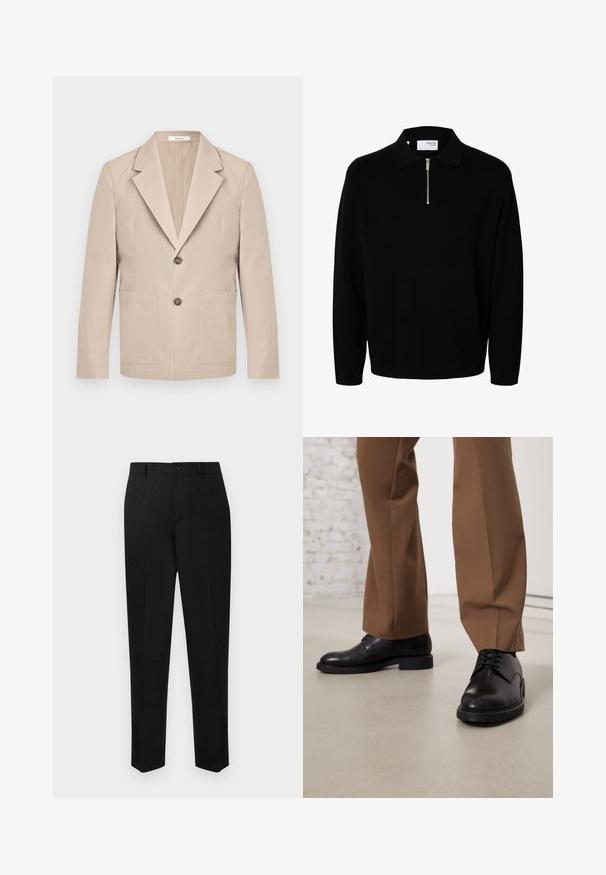 Beige blazer lavet af bomuld, med en nedskåret revers, to frontlommer og en enkelt knaplukning. Glat, struktureret stof.; Sort langærmet strikket pullover med krave og kort lynlås foran, designet til mænd.; Sorte skræddersyede bukser med et straight-leg design, der har lukning med knap og subtil tekstur. Ingen synlige mønstre eller accenter.; Sorte læder sko med glat overflade og rund tå, der har snørebåndslukning og en lav, flad sål. Sammen med brune bukser.