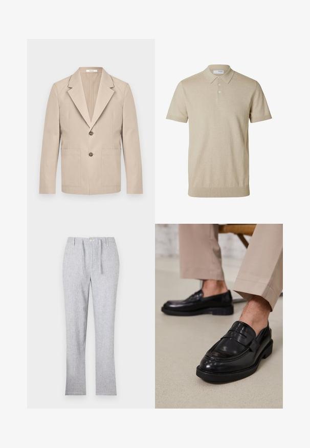 Beige blazer lavet af bomuld, med en nedskåret revers, to frontlommer og en enkelt knaplukning. Glat, struktureret stof.; Beige kortærmet polo med krave og tre knapper, ribkant ved ærmer og nederkant, ensfarvet strikstof.; Lys grå bukser lavet af struktureret stof, med knaplukning, bæltestropper og lige ben-design. Ingen synlige mønstre.; Sorte lædermokkasiner med en glat overflade, der har en dekorativ rem og kontraststing, parret med beige bukser.