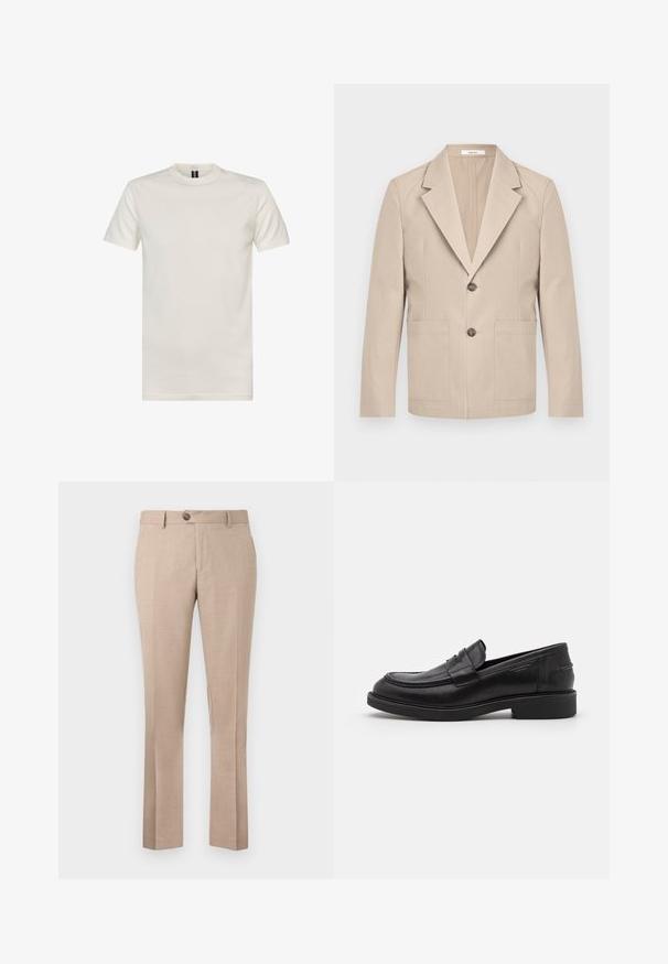 Beige blazer lavet af bomuld, med en nedskåret revers, to frontlommer og en enkelt knaplukning. Glat, struktureret stof.; Crewneck kortærmet t-shirt i off-white bomuld. Har en glat tekstur, standard pasform og minimalistisk design uden mønstre.; Beige bukser lavet af et letvægtsstof, har en lige pasform, enkelt knaplukning og to forlommer.; Sorte læder loafers med en rund tå, tonale syninger og en stropdetalje foran. Gummisål med en lav hæl.