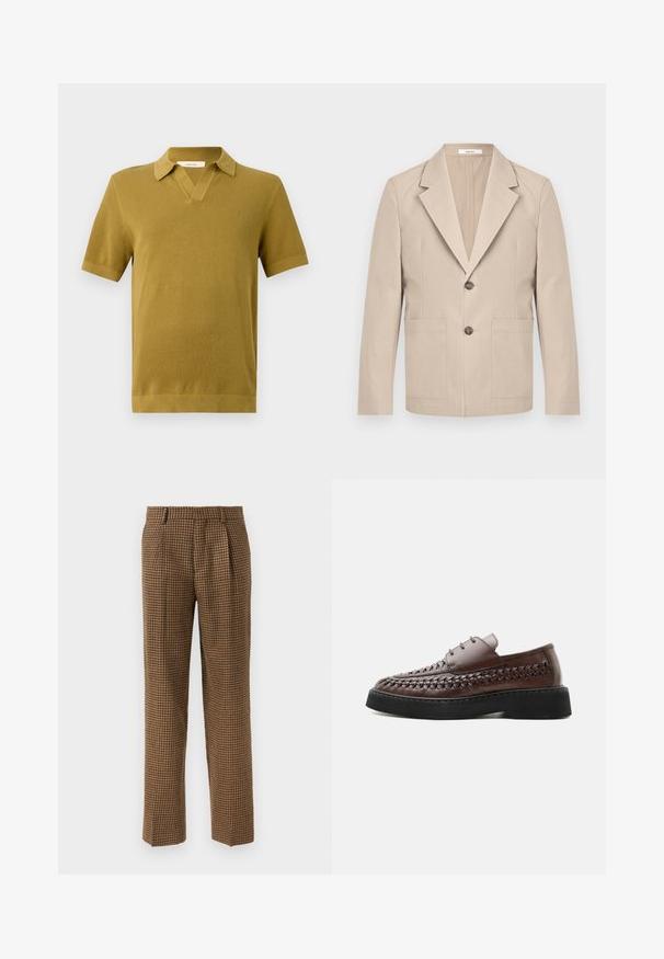 Blazer beige en coton, avec revers cranté, deux poches avant et une fermeture à un bouton. Tissu lisse et structuré.; Polo à manches courtes en jaune moutarde, avec un tricot texturé, un col en V et des poignets et un ourlet côtelés.; Pantalons à carreaux marron avec une coupe ample, présentant des plis à l'avant, un tissu à texture lisse et un design à jambes droites.; Chaussure à lacets en cuir marron avec détails tissés sur les côtés et une épaisse semelle plateforme noire, vue de profil sur fond blanc.