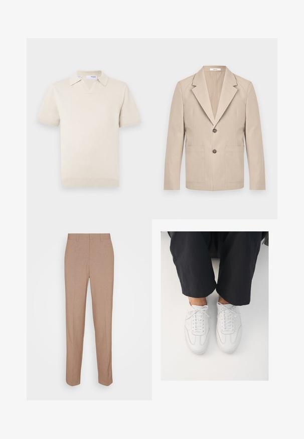 Beige Blazer aus Baumwolle mit Reverskragen, zwei Fronttaschen und einem einzigen Knopfverschluss. Glatter, strukturierter Stoff.; Cremefarbener, kurzärmeliger Strick-Poloshirt mit V-Ausschnitt und Kragen. Verfügt über gerippte Bündchen und Saum, glatte Textur.; Beige, maßgeschneiderte Hose aus glattem, strukturiertem Stoff. Gerade Passform mit Bund, ohne sichtbare Verzierungen oder Taschen.; Weiße Ledersneaker mit glatter Textur, runder Zehenform und klassischem Schnürsystem, platziert über dunklen, locker sitzenden Hosen.