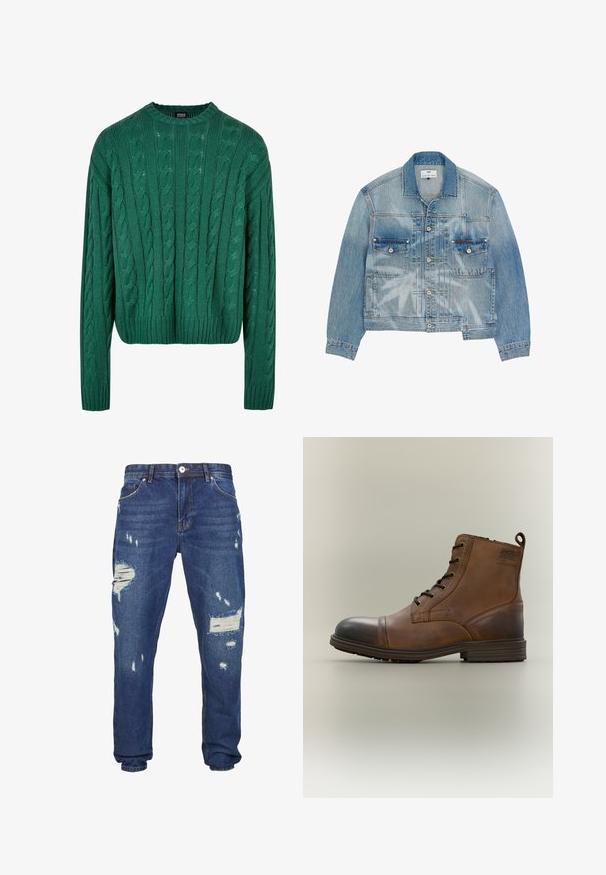 Chaqueta vaquera azul claro con cierre de botones, dos bolsillos de solapa en el pecho y mangas largas, con detalles descoloridos y desgastados.; Suéter verde de punto trenzado con cuello redondo y mangas largas. Presenta un diseño corto y un patrón texturizado en toda la prenda.; Jeans de mezclilla azul con detalle desgastado, que presentan varios desgarros y bordes deshilachados, diseño de pernera recta y estilo clásico de cinco bolsillos.; Bota de cuero marrón con cordones hasta el tobillo, puntera negra, suela redonda y detalle de marca en el lateral sobre un fondo liso.
