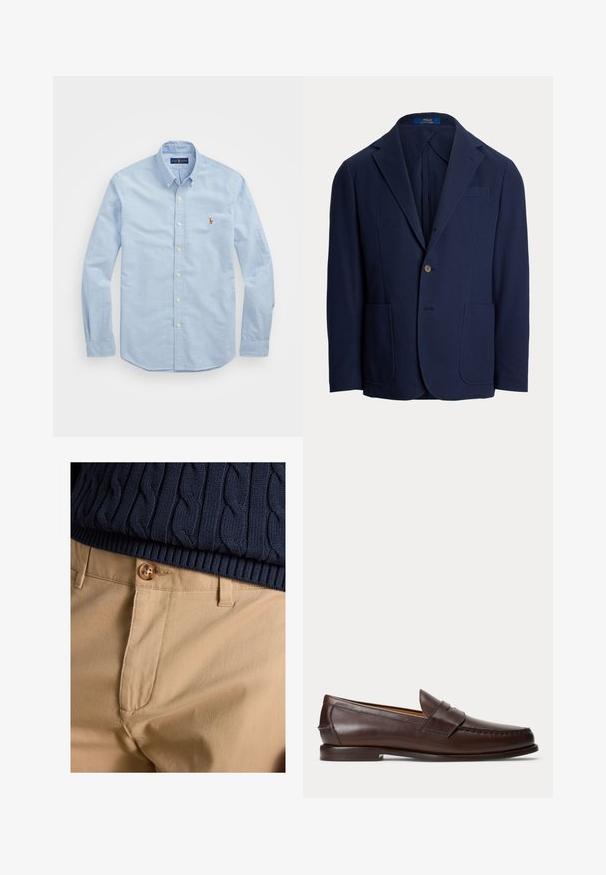 Marineblauer Blazer aus einem strukturierten Stoff; mit Reverskragen, zwei vorderen Taschen, einem Ein-Knopf-Verschluss und einer Brusttasche.; Himmlisch blaues Langarm-Hemd aus Baumwolle mit klassischem Kragen und kleinem roten gestickten Logo auf der Brust.; Nahaufnahme von beigen Hosen mit Knopfverschluss kombiniert mit dem Saum eines marineblauen, kabelgestrickten Pullovers.; Dunkelbrauner Leder-Pennyloafer mit Nahtdetails und niedrigem gestapeltem Absatz, seitlich auf einfachem Hintergrund gezeigt.