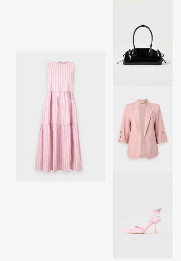 Blazer rosa claro de mujer con mangas de tres cuartos, solapa con muesca, frente abierto y trabillas abotonadas en las mangas.; Vestido maxi sin mangas rosa con rayas finas verticales, falda en capas y un pequeño detalle de lazo en el escote redondo.; Zapatos de tacón alto rosas con punta afilada, acabado satinado y tira en el tobillo con detalles entrecruzados. Silueta elegante y tacón fino.; Pequeño bolso negro brillante con dos asas largas y detalles de cordón lateral sobre un fondo claro liso.
