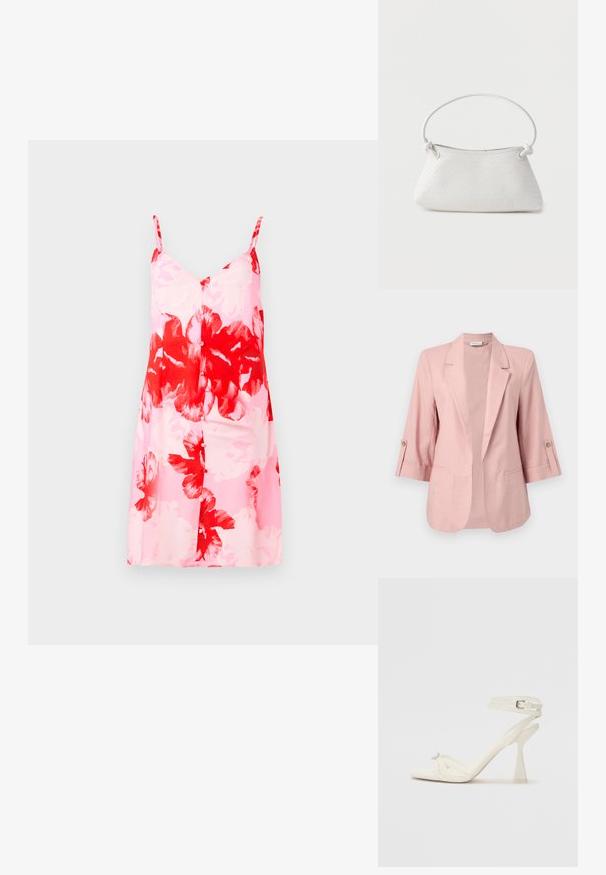Lyserød damesblazer med trekvartlange ærmer, hakket reverskrave, åben front og knapdetaljer på ærmerne.; Blomstret kjole med en lyserød bund og store røde og hvide blomstermønstre, justerbare spaghetti stropper og en lige silhuet.; Sandal med høj hæl i hvid læder med et elegant design, en transparent blokhæl og et dekorativt element ved tåen.; Hvid fletlæderhåndtaske med afrundet håndtag og ender på remmen, der er knyttet, vist mod en ensfarvet baggrund.