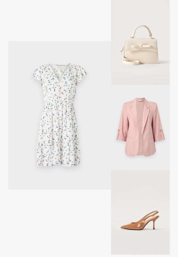 Blazer rosa claro de mujer con mangas de tres cuartos, solapa con muesca, frente abierto y trabillas abotonadas en las mangas.; Vestido floral con una tela blanca y coloridos estampados florales, mangas cortas acampanadas, escote en V y cintura fruncida.; Zapato de tacón tipo slingback con punta afilada en un material suave y brillante de color marrón. Presenta un diseño con corte curvado y un tacón de aguja delgado. Detalle de hebilla plateada.; Pequeño bolso beige con asa superior, correa desmontable, solapa frontal y lazo decorativo horizontal sobre un fondo liso.