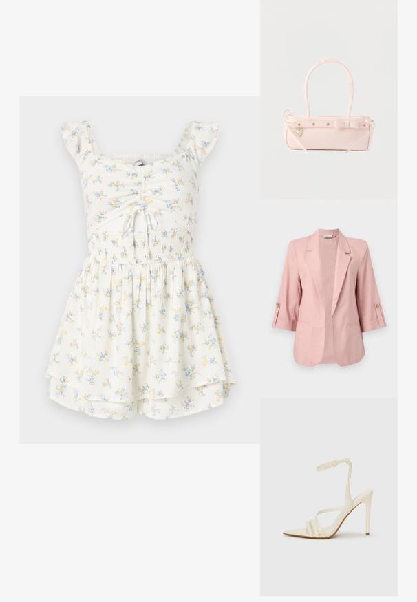 Veste pour femmes rose pâle avec manches trois-quarts, col à revers cranté, devant ouvert et pattes boutonnées aux manches.; Robe blanche à motifs floraux jaunes et bleus. Elle présente un décolleté carré, des manches courtes à volants et une taille smockée avec une jupe à volants.; Sandales à talons hauts beiges avec un bout pointu, comportant trois brides à l'avant et une fine bride à la cheville avec une boucle. Texture lisse, design minimaliste.; Sac à main rectangulaire rose pâle avec double poignée, nœud décoratif, œillets métalliques et petit charm en forme de cœur sur un fond uni.
