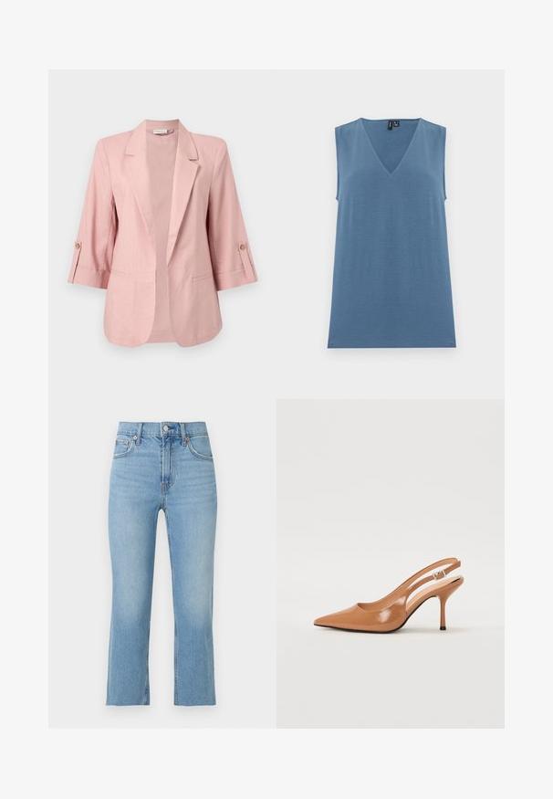 Veste pour femmes rose pâle avec manches trois-quarts, col à revers cranté, devant ouvert et pattes boutonnées aux manches.; Haut bleu tricoté sans manches avec col en V, ourlet droit et texture lisse, présenté sur un fond blanc uni.; Jean en denim bleu clair avec coupe droite, fermeture par boutons à l'avant, passants de ceinture et cinq poches sur un fond blanc uni.; Escarpin à talon slingback à bout pointu en matériau beige lisse et brillant. Présente un design de découpes courbées et un talon aiguille fin. Détail de boucle en argent.