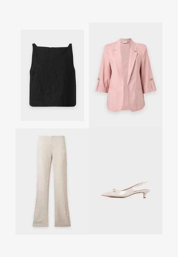 Veste pour femmes rose pâle avec manches trois-quarts, col à revers cranté, devant ouvert et pattes boutonnées aux manches.; Haut court noir sans manches avec encolure carrée et ourlet droit présenté sur fond blanc.; Pantalon en lin beige à jambe droite et fermeture avant dissimulée, présenté à plat sur un fond clair uni. Pas de poches ni de détails visibles.; Escarpin beige en cuir verni à bride arrière, talon kitten, bout pointu et petite bride à boucle sur le devant.