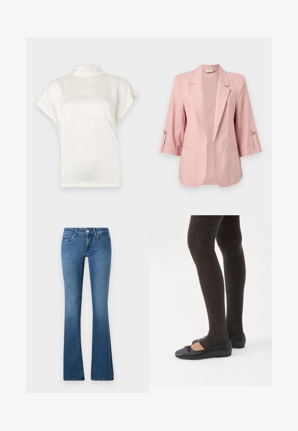 Veste pour femmes rose pâle avec manches trois-quarts, col à revers cranté, devant ouvert et pattes boutonnées aux manches.; Blouse crème à col haut, à manches courtes, en tissu lisse. Présente un léger éclat et une fermeture à bouton à l'arrière de l'encolure.; Jean en denim bleu avec une taille moyenne, un design à cinq poches et des jambes légèrement évasées sur un fond uni.; Jambes portant des leggings côtelés foncés associés à des ballerines noires avec de petits détails en nœud sur fond blanc.