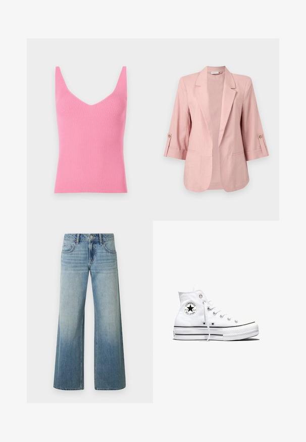 Blazer rosa claro de mujer con mangas de tres cuartos, solapa con muesca, frente abierto y trabillas abotonadas en las mangas.; Top sin mangas ajustado de canalé rosa con un profundo escote en V, tirantes gruesos y una textura suave. Adecuado para llevar por capas o como prenda independiente.; Vaqueros de pierna ancha en azul claro con acabado desteñido, con cierre de botones, cinco bolsillos y costuras decorativas a lo largo de las costuras.; Zapatilla blanca de caña alta Converse Chuck Taylor All Star con parche de logo negro y cordones blancos, presentada sobre fondo blanco.