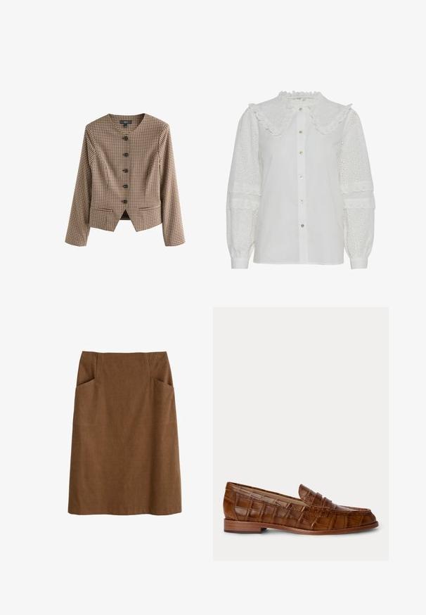 Chaqueta marrón a cuadros con cuello mao, seis botones negros, mangas largas y dos bolsillos frontales. Diseñada con un corte entallado y costuras estructuradas.; Blusa blanca con cuello fruncido, cierre de botones en el frente y detalles de ojo de perdiz bordados en las mangas abullonadas. Presenta un brillo sutil y una textura suave.; Falda de algodón marrón con cintura ajustada, dos bolsillos laterales y corte recto. La tela tiene una textura suave y un brillo sutil.; Mocasín marrón de cuero con patrón de cocodrilo, tacón bajo de madera y una correa arriba, mostrado sobre un fondo liso.