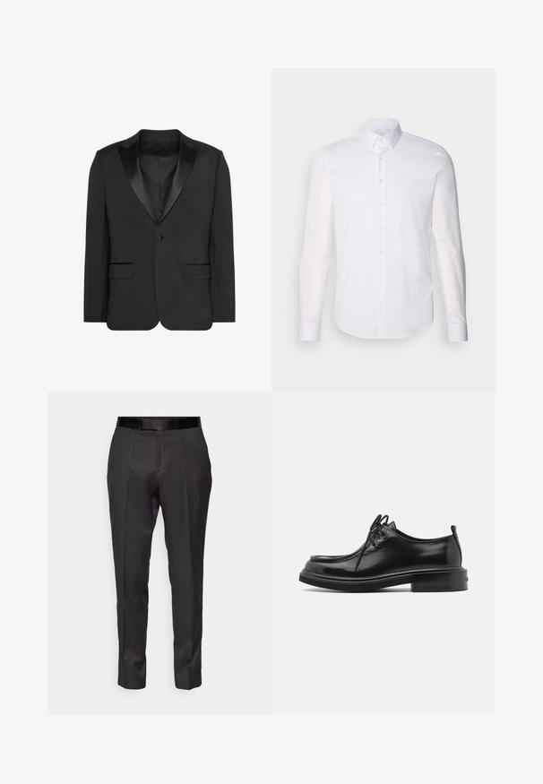 Veste de smoking noire à bouton unique avec revers en pointe en satin et poches avant à rabat, présentée sur fond blanc.; Chemise blanche à manches longues en coton, dotée d'un col classique, de boutons à l'avant et de détails de couture minimalistes.; Pantalons noirs ajustés avec une coupe slim, devant plat et légère brillance. Présentent une taille noire lisse et des détails de plis le long des jambes.; Calvin Klein LACE UP APRON BRUSH OFF - Derbies - black