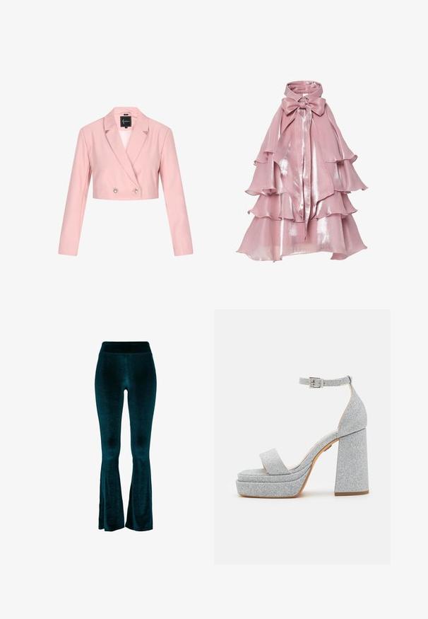 Lyhennetyllä vaaleanpunaisella bleiserillä on pitkät hihat, viiltohaalari, kaksirivinen etureuna ja kiiltävät nappikoristeet. Valmistettu sileästä kankaasta.; Kerudung pink berlapis dengan permukaan mengkilap, menampilkan tingkat berenda dan kerah tinggi, dihias dengan pita besar di leher.; Sinivihreät liehulahkeiset housut, pehmeästä samettikankaasta, jossa on korkea vyötärö ja sileä pintastruktuuri, kapenevat alaspäin lievien aukkojen kanssa lahkeen suussa.; Hopeasa glitter-korkokengät, joissa on leveä hihna, säädettävä nilkkaketju ja massiivinen korko. Varustettu sileällä, tekstuurilla viimeistelyllä.