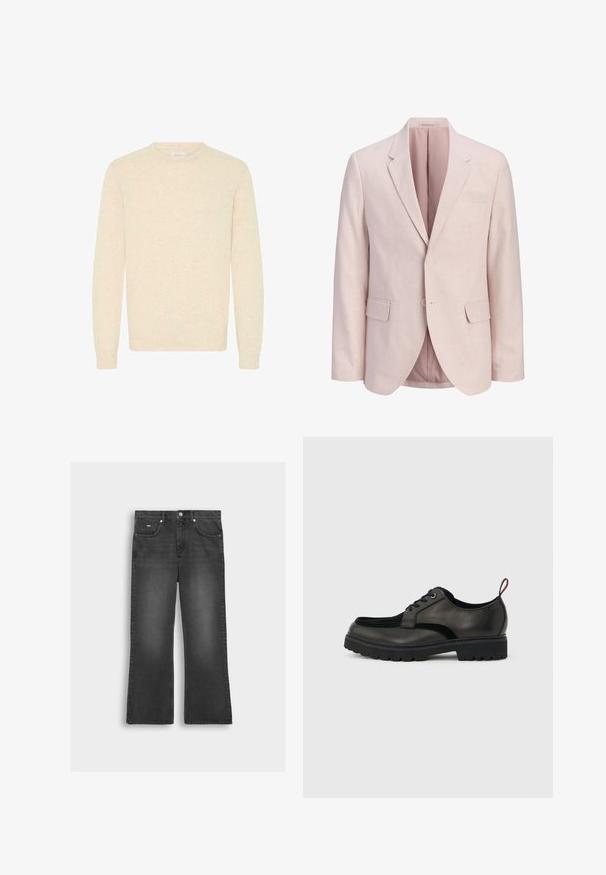Americana de hombre rosa claro con dos botones frontales, solapas con muesca y bolsillos con solapa, mostrada sobre fondo blanco.; Suéter beige claro hecho de una suave tela de punto, con un escote redondo y mangas largas, y con puños y dobladillo acanalados.; Pantalones vaqueros flare de mezclilla negra con un acabado deslavado, que cuentan con un cierre frontal con botones, trabillas para cinturón y dos bolsillos laterales.; Zapato negro de cuero con cordones, suela gruesa con dibujo y lengüeta roja en el talón, mostrado de perfil sobre un fondo gris claro.