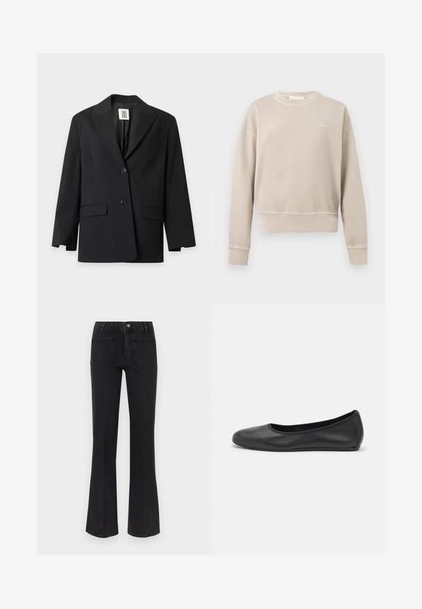 Blazer noir ajusté avec deux boutons, revers crantés, poches avant à rabat et poche poitrine passepoilée, présenté sur un fond clair uni.; Sweat beige col rond avec manches longues, poignets et ourlet côtelés, petit logo blanc sur le côté gauche de la poitrine, design uni.; Jean évasé noir taille haute avec deux poches arrière, passants de ceinture, fermeture avant par bouton et fermeture éclair sur fond blanc.; Ballerines en cuir noir avec un bout rond, texture lisse, détails de couture minimalistes et design de semelle flexible.