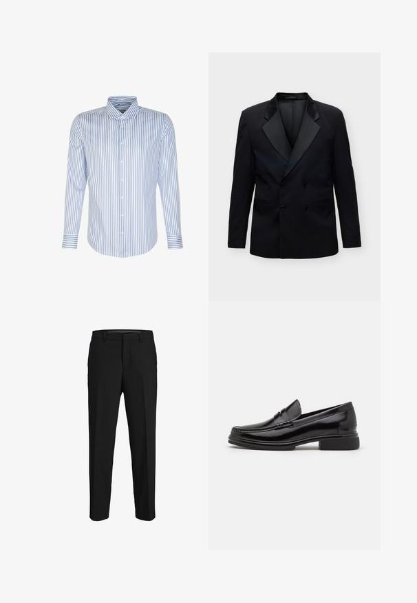 Zwarte dubbelgeknoopte blazer met satijnen piekslagen en twee zakken aan de voorkant, weergegeven op een grijze achtergrond.; Heren overhemd met lange mouwen, lichtblauwe en witte strepen, knoopsluiting aan de voorkant, klassieke kraag, katoen stof, soepele textuur, gebogen zoom.; Zwarte broeken van een gladde stof, met een rechte snit, riemlussen en een platte voorkant zonder zichtbare patronen of versieringen.; Zwarte leren instappers met een afgeronde neus, voorzien van een gestikte detail over de wreef, en een lage blokhak. Glad textuur en glanzende afwerking.