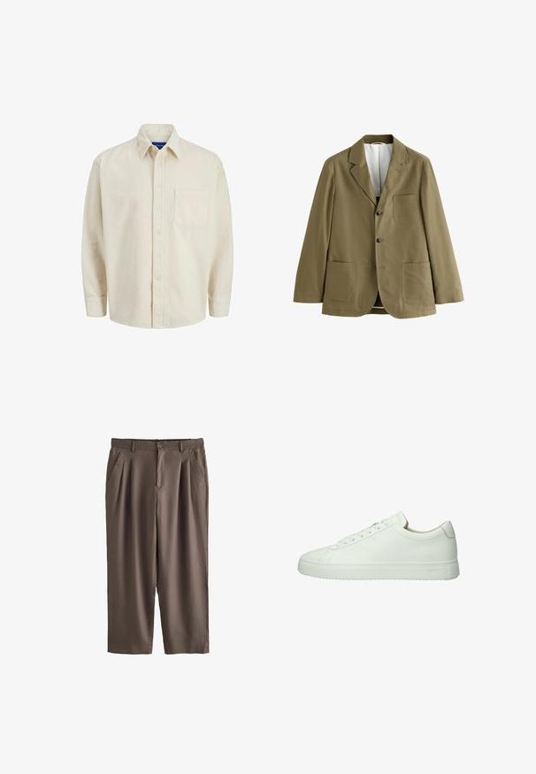 Enkeltknappet olivengrøn blazer med hakkede revers, to nederste forlommer, en brystlomme og to mørke knapper foran.; Beige corduroy skjorte med knaplukning foran, krave, lange ærmer og en enkelt brystlomme. Har smalle lodrette striber.; Brune bukser med lige ben, plisseringer, sidelommer, bæltestropper, knaplukning og elastisk bageste linning, vist på hvid baggrund.; Hvide lædersneakers med en glat overflade, lav profil, rund tå og tonede snørebånd. Har en struktureret gummisål.
