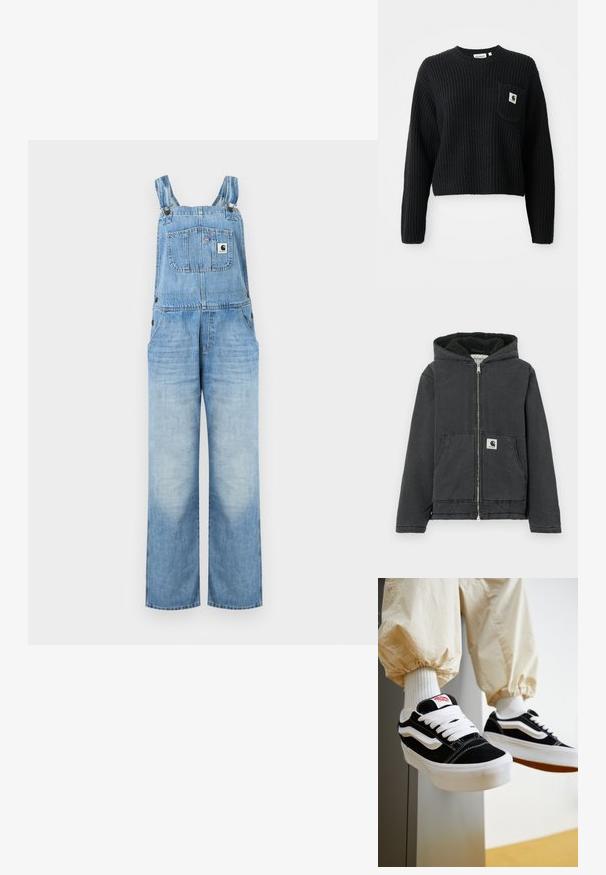 Svart hettejakke med glidelås foran, fleecefôr, to frontlommer og en logoetikett. Laget av slitesterkt materiale med en ledig passform.; Lys blå denim-dresser med justerbare skulderstropper, brystlomme foran med logoemblem og vide bukseben.; Svart ribbestrikket genser med rund hals, lange ermer og en frontlomme med et lite logo-lapp. Kuttet lengde.; Person som har på seg svarte og hvite Vans-sneakers med hvite lisser, hvite sokker og beige bukser med elastiske mansjetter.