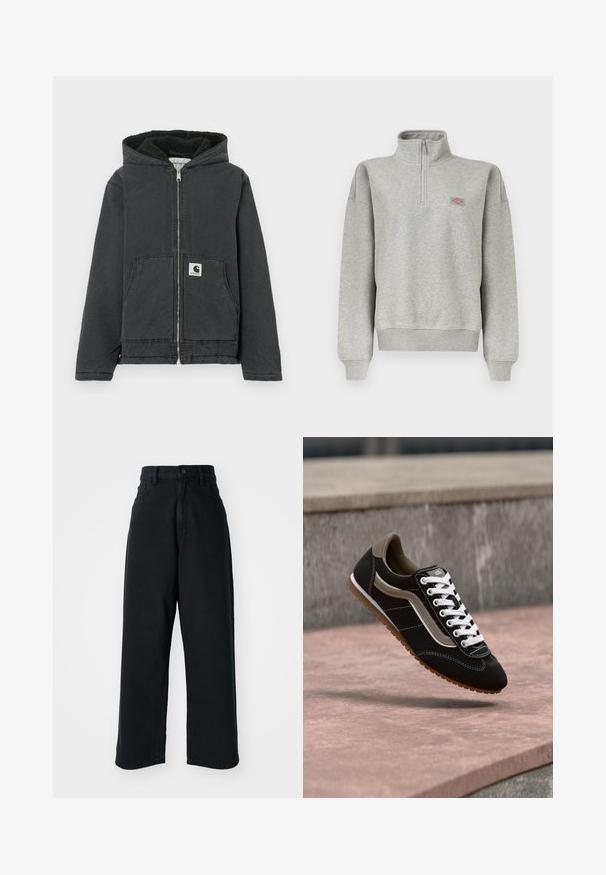Veste noire à capuche avec une fermeture éclair devant, une doublure en polaire, deux poches avant et une étiquette logo. Fabriquée dans un matériau durable avec une coupe décontractée.; Sweat-shirt gris clair à fermeture quart zippée avec poignets et ourlet côtelés, arborant un petit patch logo multicolore sur la poitrine gauche.; Jean noir taille haute à jambes larges avec poches avant et fermeture à bouton, présenté sur un fond blanc uni.; Baskets noires et beiges avec lacets blancs et semelle en gomme, en suspension au-dessus d'une surface en pierre et d'un mur en béton gris.