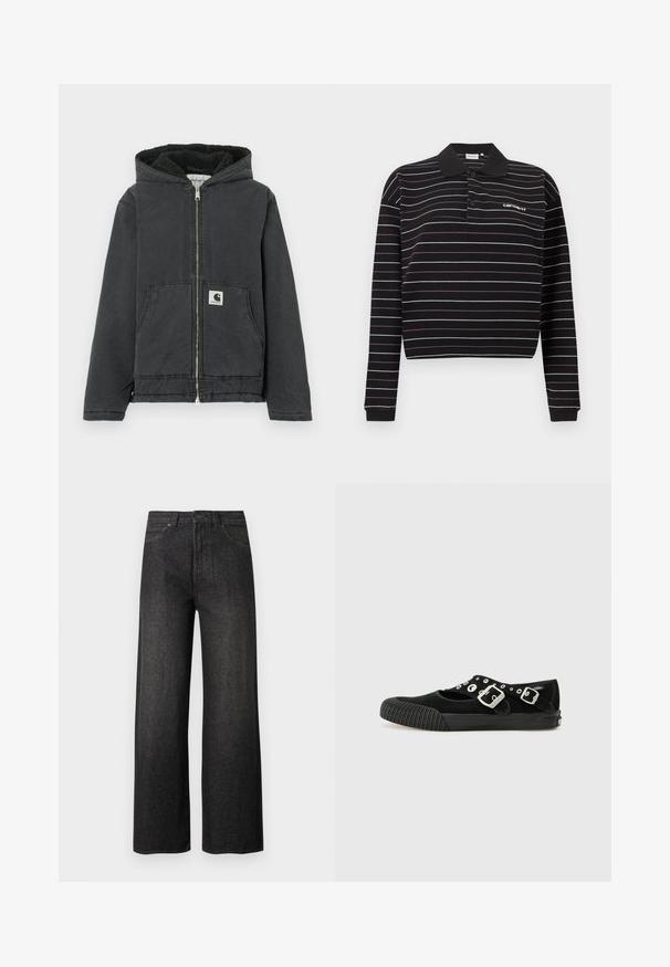 Chaqueta negra con capucha, cremallera frontal, forro polar, dos bolsillos delanteros y etiqueta con logo. Hecha de material duradero con un ajuste relajado.; Polo de manga larga negro con finas rayas horizontales blancas y moradas, dos botones y un pequeño logo blanco en el pecho izquierdo.; Vaqueros negros de pierna ancha y cintura alta, con bolsillos frontales, cierre de botones y trabillas para cinturón sobre un fondo claro y sencillo.; Vans MARY JANE - Bailarinas - black