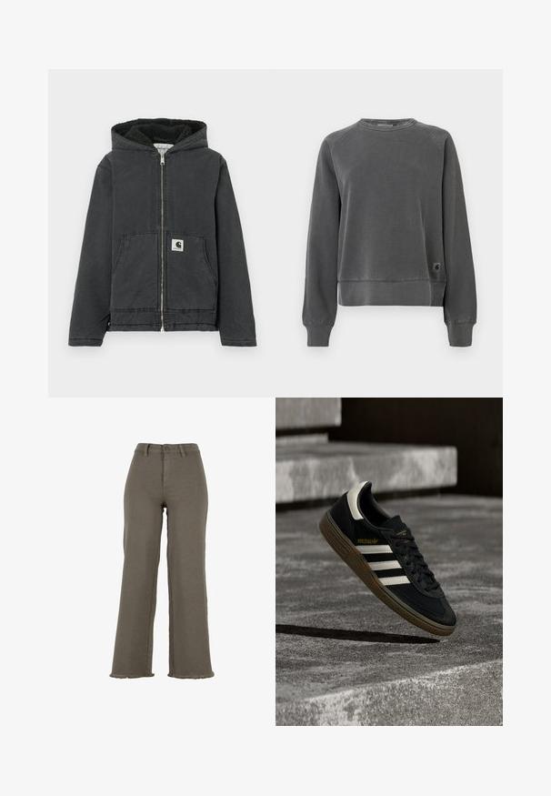 Zwarte capuchonjas met ritssluiting aan de voorkant, gevoerd met fleece, twee voorzakken en een logolabel. Gemaakt van duurzaam materiaal met een relaxte pasvorm.; Crewneck sweatshirt in donkergrijs weefsel, met ribbels aan de manchetten en onderkant, en een klein logo-patch aan de onderzijde. Zachte textuur.; Wijde broek met hoge taille in olijfgroen, met knoop- en ritssluiting, riemlussen en gefraaide zoom.; Zwarte Adidas sneaker met witte strepen en gumzool die boven grijze betonnen trappen zweeft in natuurlijk licht.