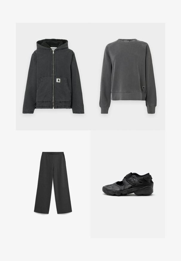 Zwarte capuchonjas met ritssluiting aan de voorkant, gevoerd met fleece, twee voorzakken en een logolabel. Gemaakt van duurzaam materiaal met een relaxte pasvorm.; Crewneck sweatshirt in donkergrijs weefsel, met ribbels aan de manchetten en onderkant, en een klein logo-patch aan de onderzijde. Zachte textuur.; Wijde pijpen in donkergrijs, gemaakt van zachte stof, met een elastische tailleband en zijzakken voor functionaliteit.; Zwarte sportieve sandaal met gesloten neus, klittenbandriemen op de middenvoet en hiel, en een dikke gewatteerde zool met de tekst "AIR" aan de zijkant.
