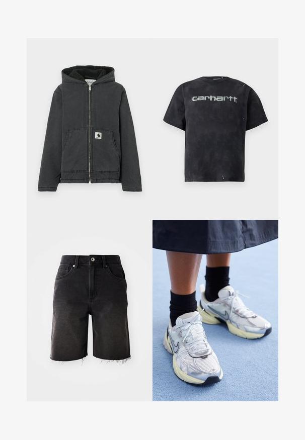 Zwarte capuchonjas met ritssluiting aan de voorkant, gevoerd met fleece, twee voorzakken en een logolabel. Gemaakt van duurzaam materiaal met een relaxte pasvorm.; Zwart tie-dye T-shirt van katoen. Voorzien van korte mouwen, een ronde hals en een groot grijs logo op de voorkant. Subtiele versleten details.; Zwarte denim shorts met een vervaagde wassing, rafelig zoom, klassieke vijf-pocket ontwerp en een enkele knoopsluiting. Dikke stiksels accentueren het geheel.; Witte en zilveren Nike sneakers van meshstof, met reflecterende accenten en een beige zool. Gedragen met zwarte sokken, staand op een blauwe ondergrond.