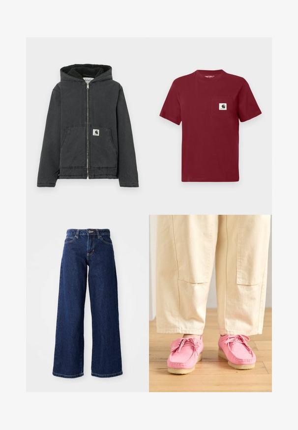 Schwarze Kapuzenjacke mit durchgehendem Reißverschluss, Fleecefutter, zwei Vordertaschen und einem Logofähnchen. Hergestellt aus strapazierfähigem Material mit lockerem Schnitt.; Rotes T-Shirt mit kurzen Ärmeln aus Baumwolle, ausgestattet mit einer linken Brusttasche und einem weißen Logo-Patch. Mit Rundhalsausschnitt und lässiger Passform.; Dunkelblaue weit geschnittene Jeans aus Denim, mit einem Knopf- und Reißverschluss, Gürtelschlaufen und klassischem Fünf-Taschen-Design.; Rosa Wildleder-Mokassins mit Schnürsenkeln, die eine strukturierte Oberfläche und eine hellbeige Gummisohle aufweisen, kombiniert mit beigen Hosen.