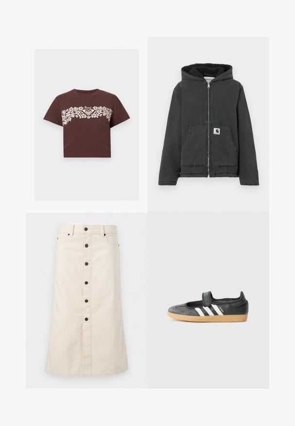 Veste noire à capuche avec une fermeture éclair devant, une doublure en polaire, deux poches avant et une étiquette logo. Fabriquée dans un matériau durable avec une coupe décontractée.; T-shirt crop marron avec motif floral blanc sur la poitrine et logo "Roxy" au centre.; Jupe en jean beige longueur genou avec boutons noirs à l'avant, passants pour ceinture et poches latérales sur un fond blanc uni.; Sneaker en cuir noir et suède avec une sangle Velcro, arborant trois bandes blanches et une semelle en caoutchouc, étiqueté "SAMBA" sur le côté.