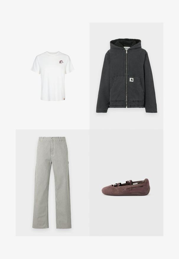 Zwarte capuchonjas met ritssluiting aan de voorkant, gevoerd met fleece, twee voorzakken en een logolabel. Gemaakt van duurzaam materiaal met een relaxte pasvorm.; Witte katoenen t-shirt met korte mouwen, ronde halslijn en een klein bruin grafisch logo op de linkerkant van de borst. Zachte textuur en een standaard pasvorm.; Herenbroek met rechte pijpen en dunne verticale zwart-witte strepen, met knoopsluiting, riemlussen en zijzakken.; Bruine suède ballerinaschoen met elastische bandjes en een gestructureerde zool, zijwaarts weergegeven op een effen lichte achtergrond.