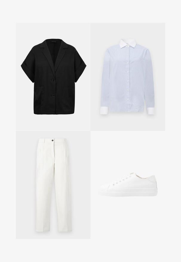 Sort kortærmet blazer med to knapper foran, brede revers, opbukkelige ærmer og to forlommer.; Stripet skjorte med knapper i lyseblå med hvid krave og manchetter. Har en diskret lomme og lange ærmer med knappede håndledslukninger.; Hvide, højtaljede bukser med skræddersyet pasform, der har folder, lukning med knap foran og lige ben. Fremstillet af glat stof.; Hvide kanvas sneakers med lavt design, rund tå, seks snørehuller og en struktureret gummisål. Glat materiale med minimale detaljer.