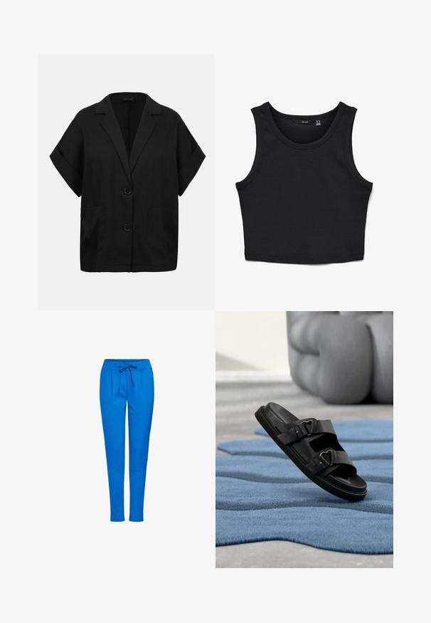 Blazer negro de manga corta con dos botones delanteros, solapas anchas, mangas con puños y dos bolsillos frontales.; Top corto negro de tirantes anchos, confeccionado en tejido acanalado. Presenta un escote redondo y un ajuste ceñido en toda la prenda.; Pantalones de chándal azules hechos de tejido suave, con cinturilla elástica y cordón, dos bolsillos frontales y un diseño de pierna ajustada.; Sandalia negra de piel con dos correas ajustables con hebillas, descansando sobre una superficie azul texturizada, con un objeto acolchado desenfocado en el fondo.