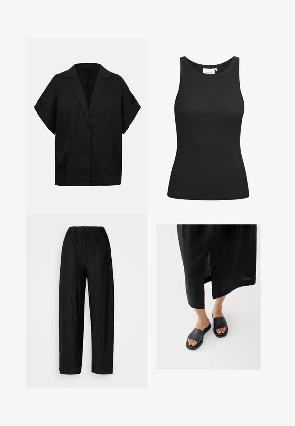 Blazer negro de manga corta con dos botones delanteros, solapas anchas, mangas con puños y dos bolsillos frontales.; Top negro sin mangas hecho de tela acanalada, con un escote en forma de bote y un ajuste ceñido. Costuras planas y sin adornos. Diseño simple y elegante.; Pantalones anchos de pierna amplia, de color negro, con una cintura elástica. La tela presenta pliegues verticales y una textura suave.; Sandalias negras tipo slide con una tira ancha, suela plana y diseño minimalista. El material parece liso con un acabado mate.