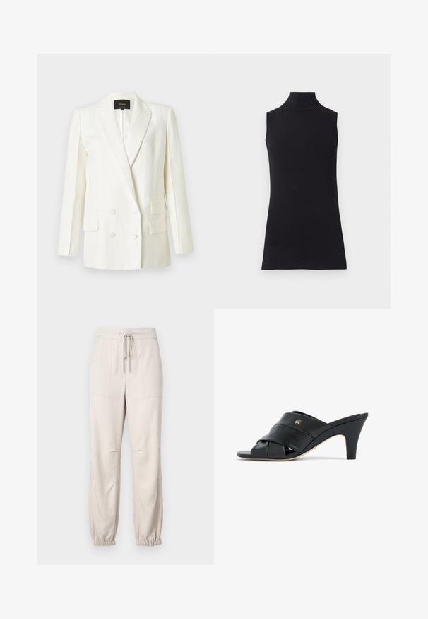 Hvid dobbeltradet blazer med subtile lodrette striber, hakket revers, to lommer med klap og fire hvide knapper foran.; Sort ærmeløs turtleneck top, lavet af glat stof. Figurtilpasset design med høj hals og lige kant, minimalistisk og ensfarvet.; Beige, lette bukser med elastisk talje, snøre detaljer og elastiske mansjetter. Har to frontlommer og en glat tekstur.; Sort læder mule med åben tå og hæl, med krydsede stropper og et lille metallogo på siden, mediumhøj tilspidset hæl, kant i beige på sålen.