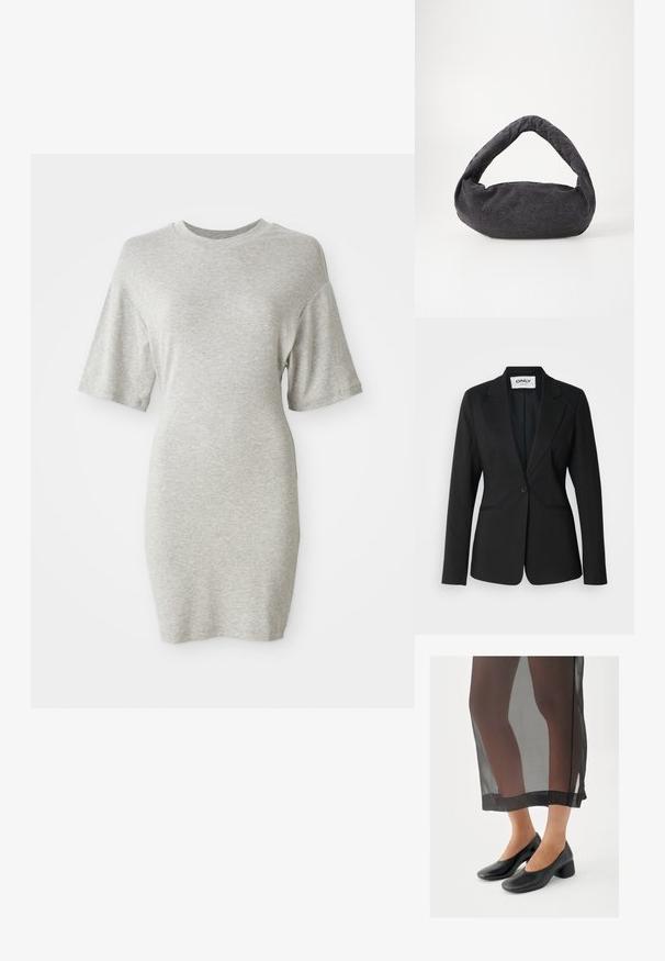 Sort tætsiddende blazer med enkeltknapslukning, slag med hak, to forlommer, glat stoftekstur og skræddersyet pasform uden pynteelementer.; Grå kjole med korte ærmer lavet af blødt, let materiale. Den har en løs pasform og rund halsudskæring, med en let indsnævret form mod kanten.; Sorte sko med blokhæle og glat læderfinish, båret med et gennemsigtigt sort skørt med en ren kant og minimalistisk design.; Mørkegrå stofpose med et buet håndtag, blød tekstur og rund form. Ingen synligt hardware eller pynt.