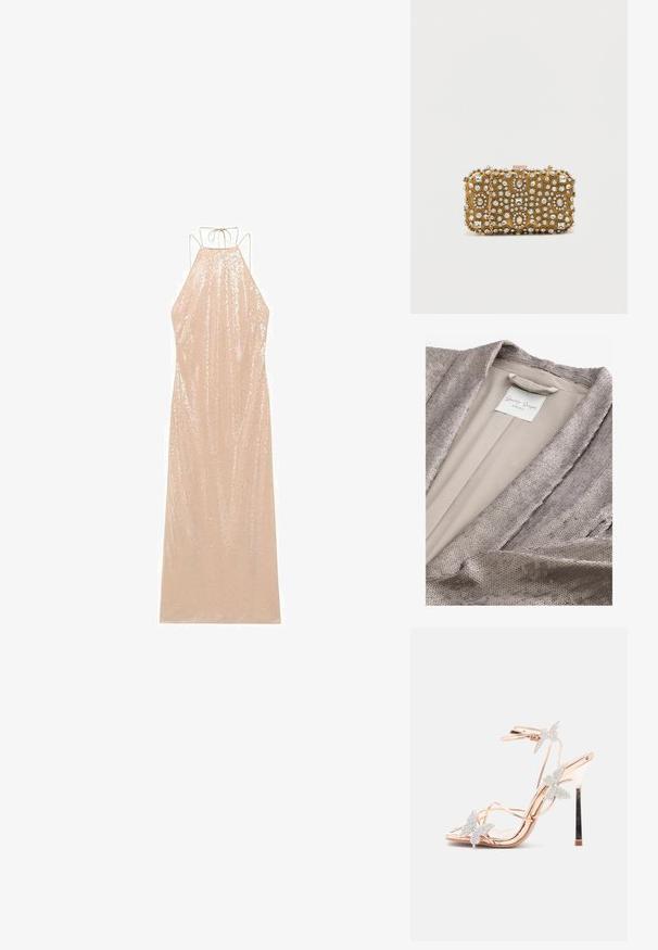 Next SEQUIN TALL - REGULAR FIT - Blazer - rose pink; Vestido largo sin mangas en beige claro con cuello halter y lazo en la espalda. Cubierto de lentejuelas, con una silueta fluida y textura suave.; Sandalia de tacón alto en oro rosa con punta puntiaguda, decorada con tres aplicaciones de mariposas con cristales y finas correas en el tobillo.; Clutch dorado con intrincados adornos de cuentas y strass. Forma rectangular, cierre de broche y asa de cadena desmontable.