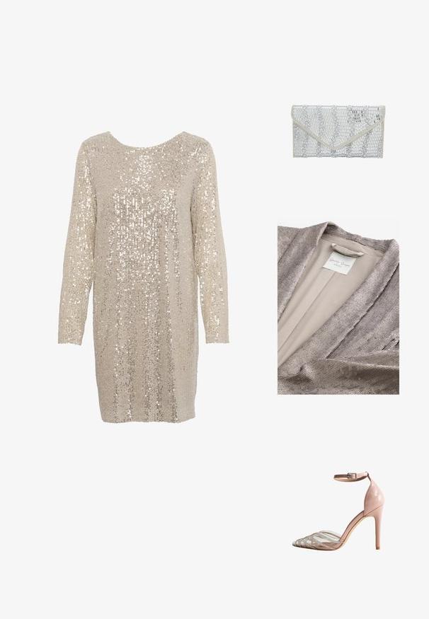 Next SEQUIN TALL - REGULAR FIT - Blazer - rose pink; Pailletkjole i lys beige med lange ærmer og rund halsudskæring, der har et struktureret mønster af glitrende, reflekterende paletter overalt.; Rosa patentlæder højhælede sko med ankelrem, featuring klare PVC remme pyntet med rhinsten og et spidst tådesign.; faina Clutches - silver coloured