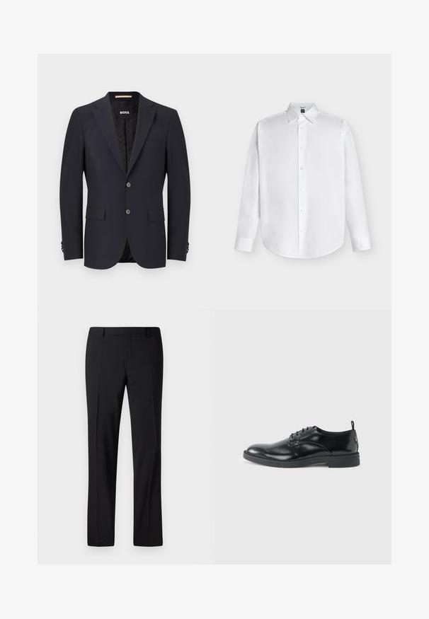 Marineblå skræddersyet blazer i glat stof, med to knapper, fire-knap manchetter og en enkelt brystlomme. Foring med logo.; Hvid, langærmet skjorte med knapper og klassisk krave, vist fladt på en lys baggrund.; Sorte skræddersyede bukser med lige ben, der har en glat overflade, plissee foran og en klassisk talje for et formelt udseende.; Blank sort læder dresssko med lav hæl, snørelukning og rund tå, vist fra siden på ensfarvet lys baggrund.