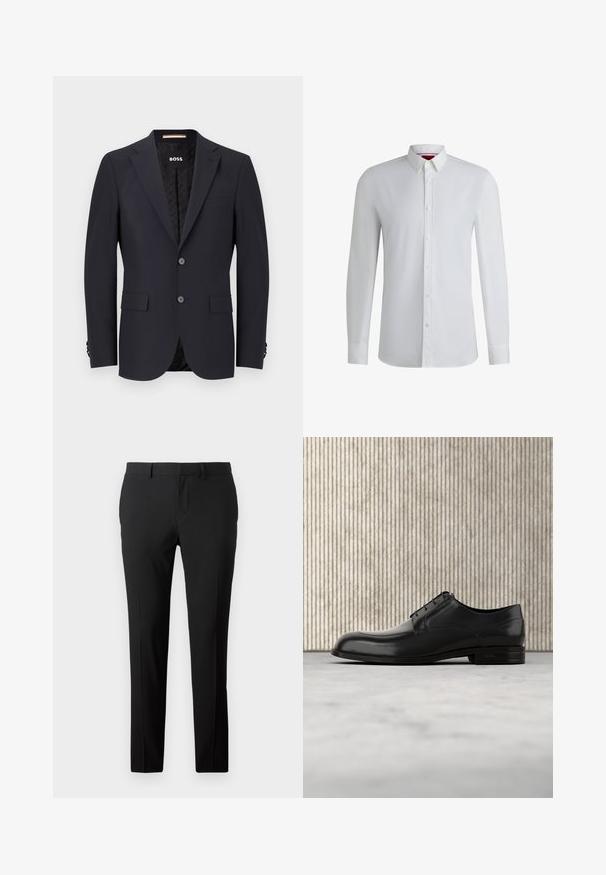 Navyblauer taillierter Blazer aus glattem Stoff, mit zwei Knöpfen, Vier-Knopf-Manschetten und einer einzelnen Brusttasche. Gefütterter Innenraum mit Logo.; Weißes Langarmhemd mit Knopfkragen, das über eine glatte Textur, einen geraden Schnitt und subtile Details entlang der Vorderblende verfügt.; Maßgeschneiderte schwarze Hose aus glattem Stoff. Sie verfügt über ein gerades Bein, Vorderfalten und Gürtelschlaufen für eine anpassbare Größe.; Schwarze Leder-Dressschuhe mit einer runden Zehenpartie, glatter Oberfläche, minimalen Nähten und flacher Sohle mit dezentem Branding an der Ferse.